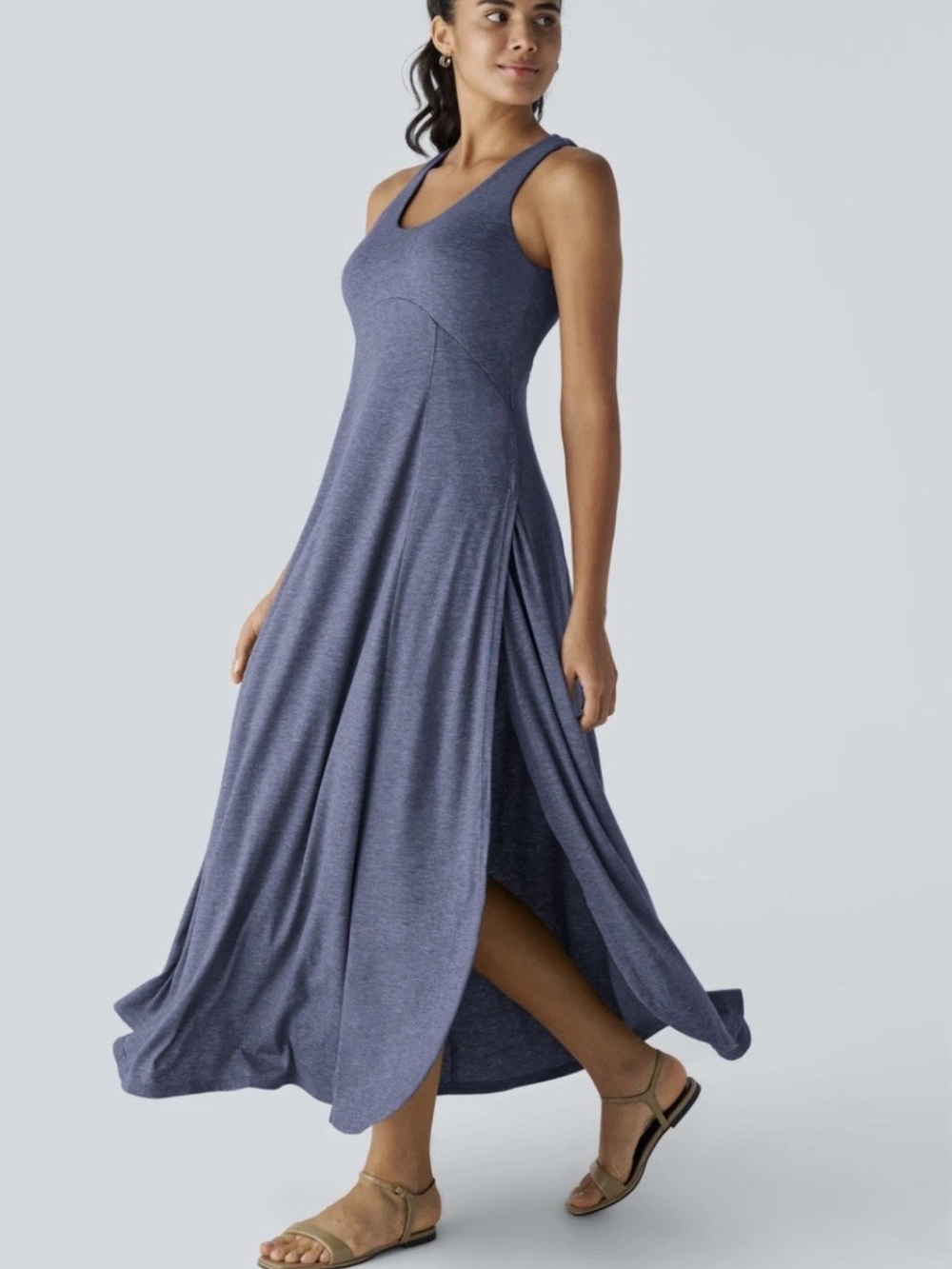 Halara Women's U Neck Split Flowy Maxi Tank Dress Indigo Summer Casual